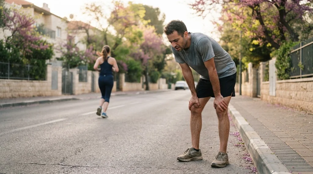 רץ מבוגר מתקשה בנשימה, תסמין נפוץ של חזה סנדלרים במבוגרים