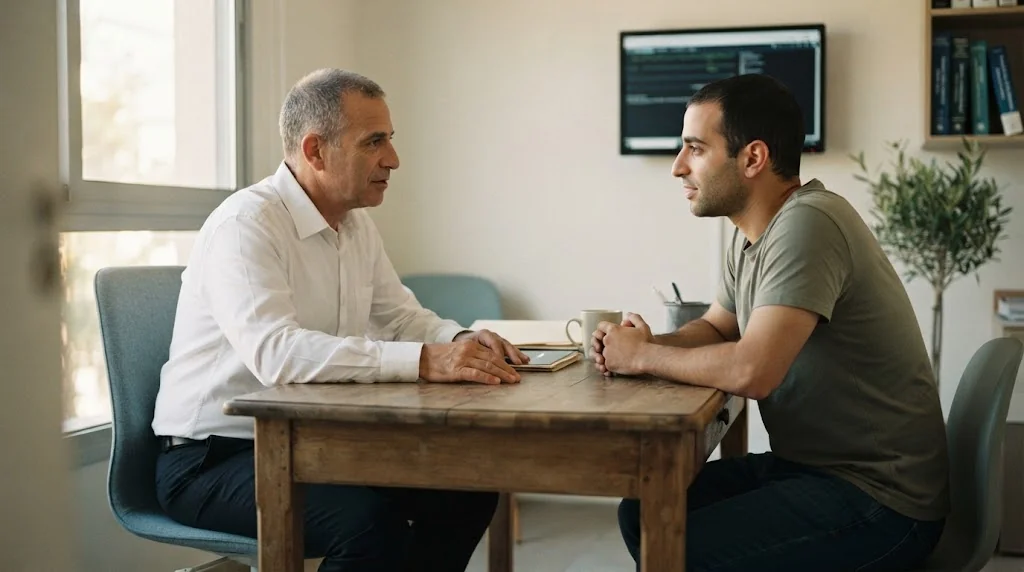מנתח חזה ולב בייעוץ עם מטופל מבוגר על תיקון דופן החזה