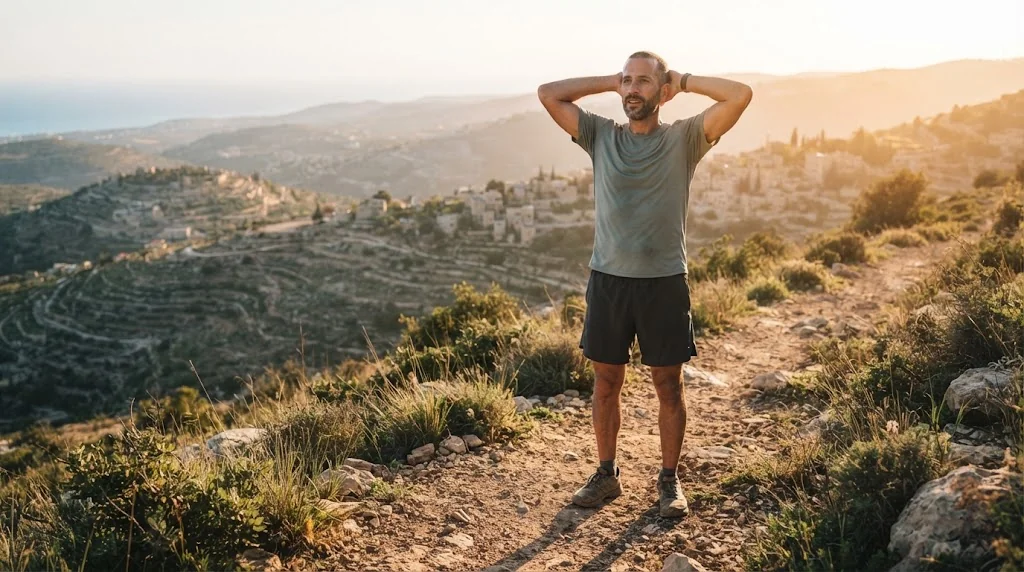 מבוגר רץ בנוחות אחרי החלמה מניתוח חזה סנדלרים